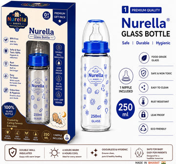 Nurella Glass Baby Feeding Bottle 250ml blue