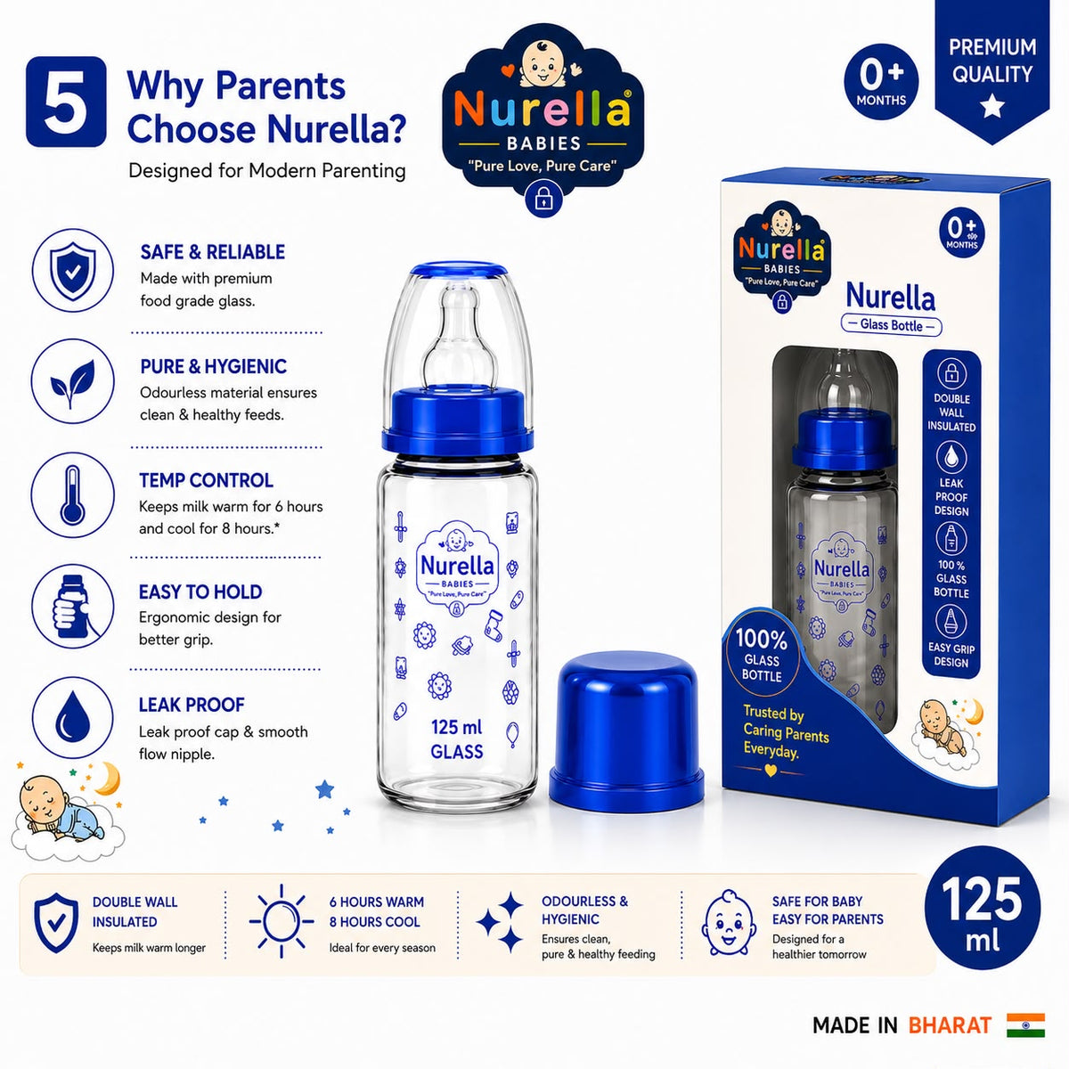 Nurella Glass Baby Feeding Bottle 125Ml blue