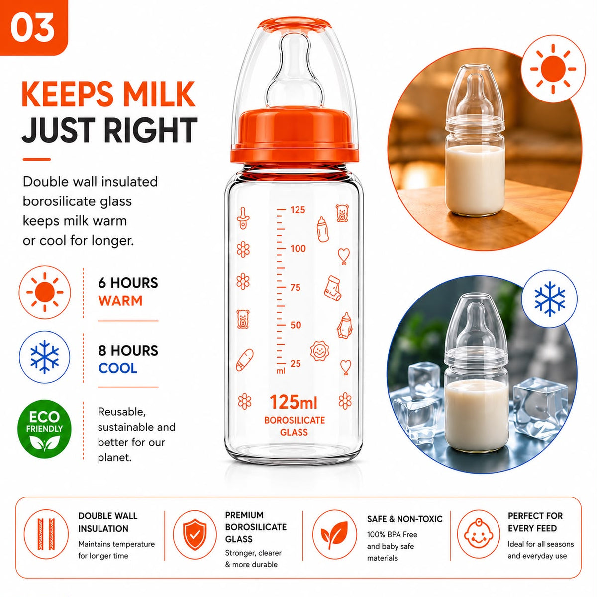 Nurella Borosilicate Glass Baby Feeding Bottle 125Ml Orange