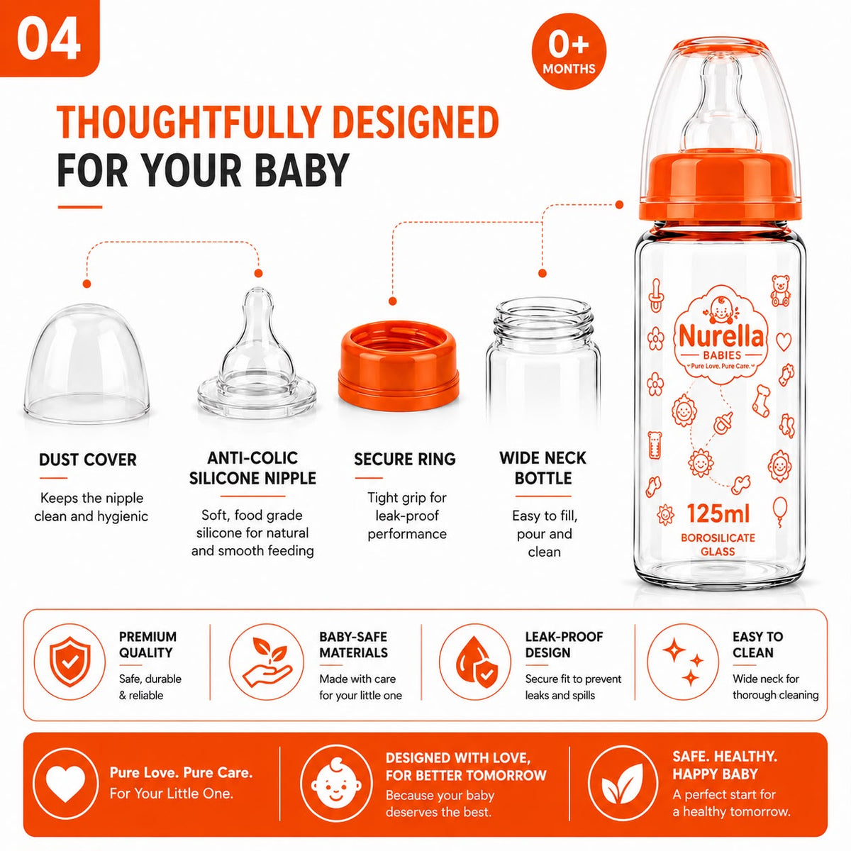 Nurella Borosilicate Glass Baby Feeding Bottle 125Ml Orange