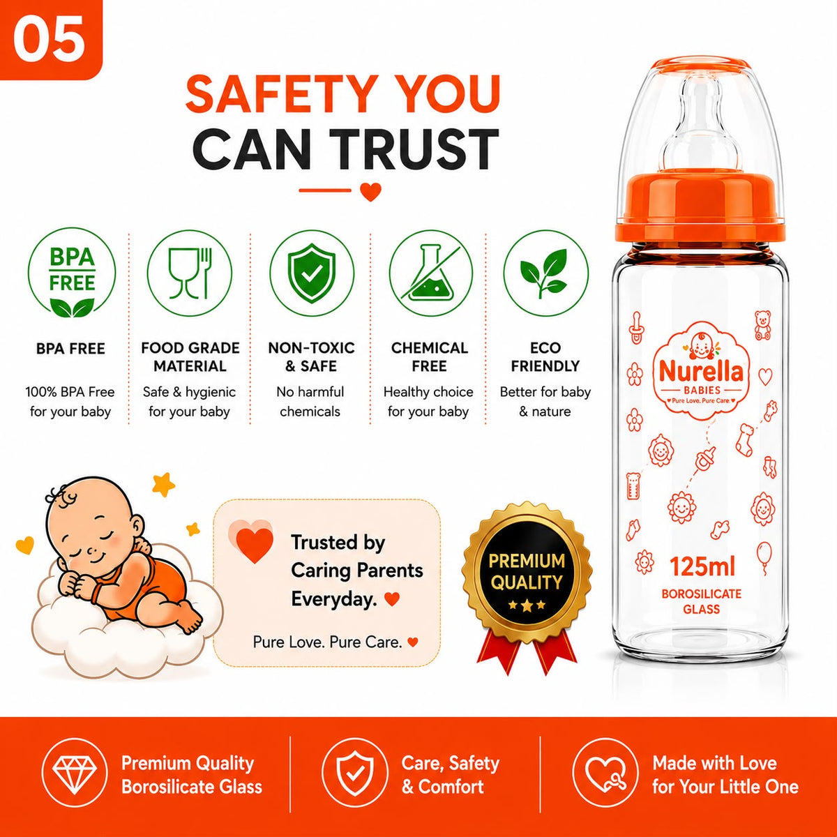 Nurella Borosilicate Glass Baby Feeding Bottle 125Ml Orange