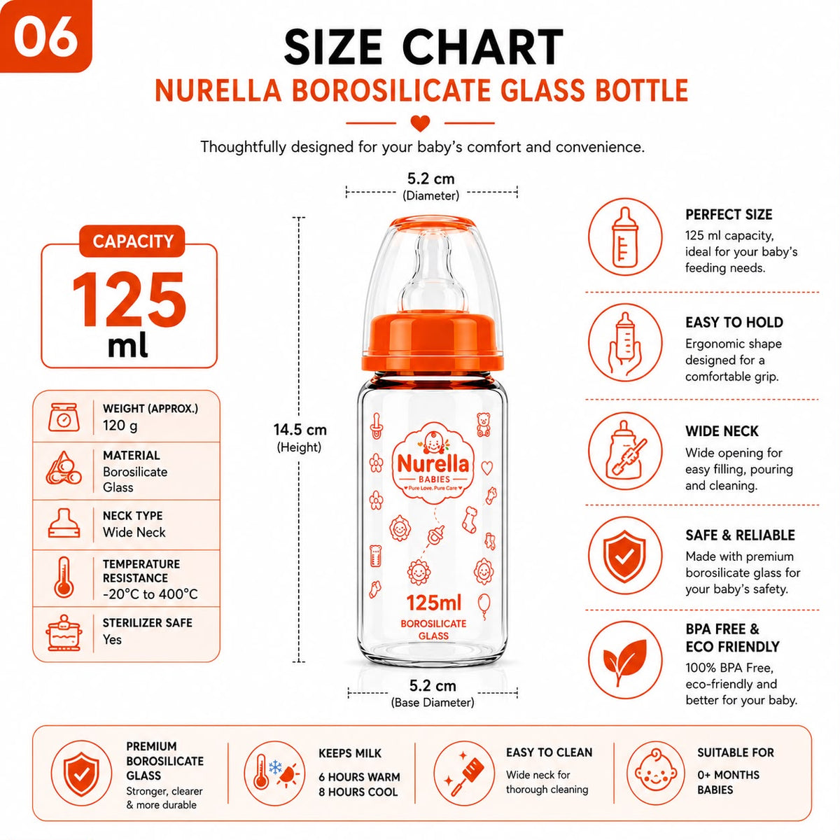 Nurella Borosilicate Glass Baby Feeding Bottle 125Ml Orange