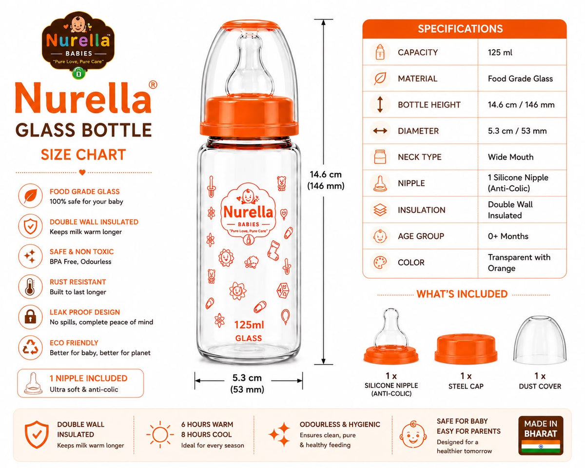 Nurella Glass Baby Feeding Bottle 125Ml  Orange
