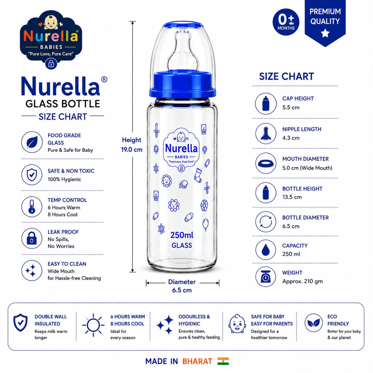 Nurella Glass Baby Feeding Bottle 250ml blue