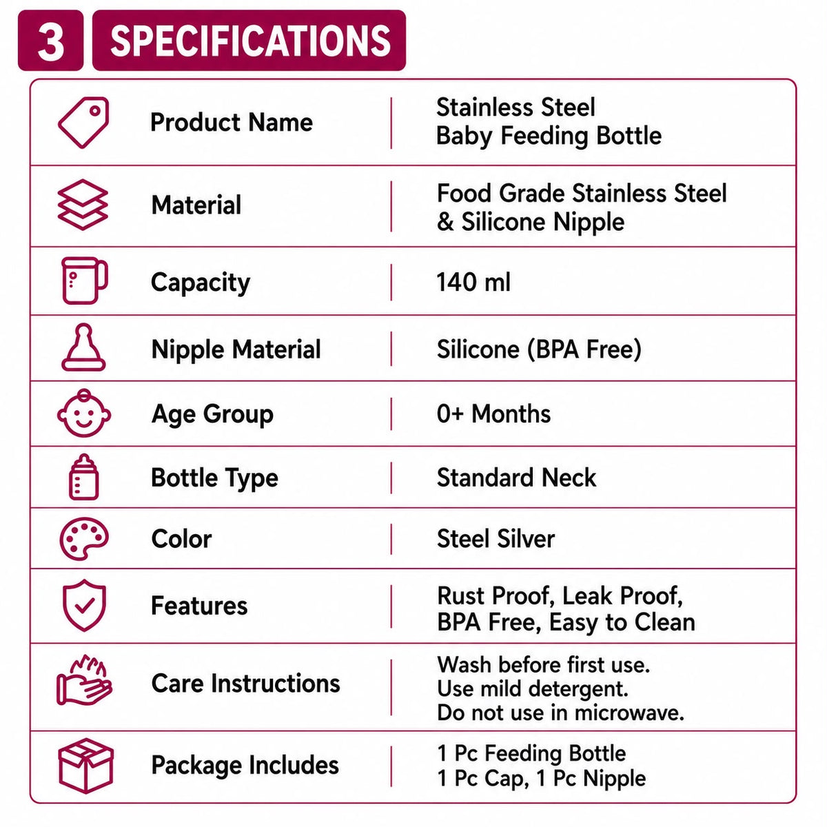 Nurella Stainless Steel Baby Feeding Bottle 140ML Silver
