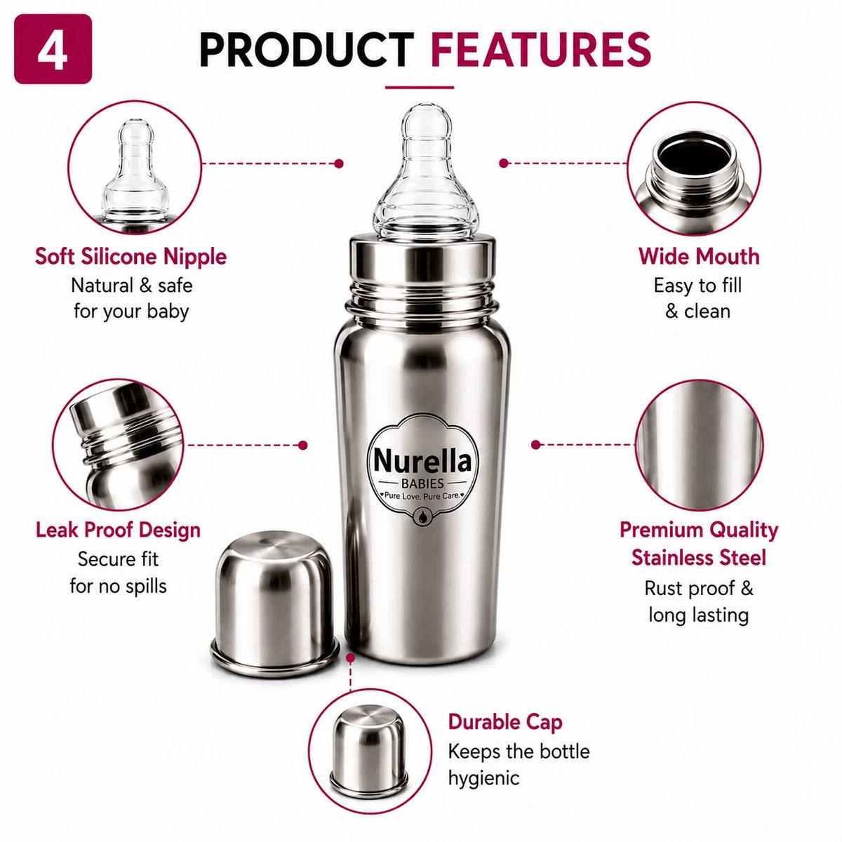 Nurella Stainless Steel Baby Feeding Bottle 140ML Silver