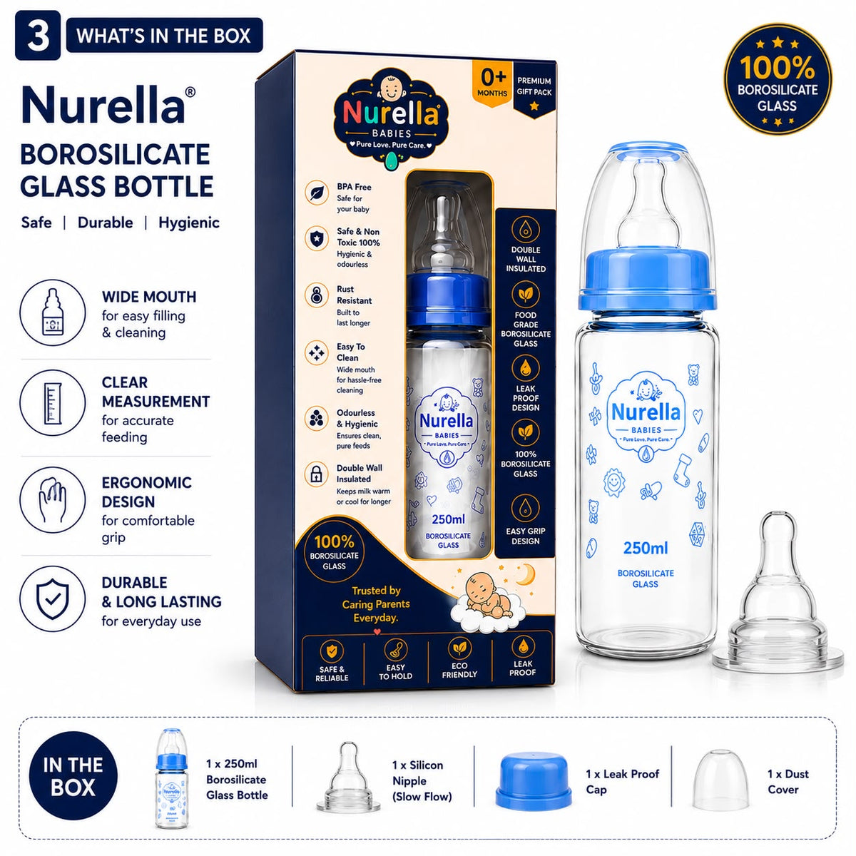 Nurella Borosilicate Glass Baby Feeding Bottle 250ml navy blue
