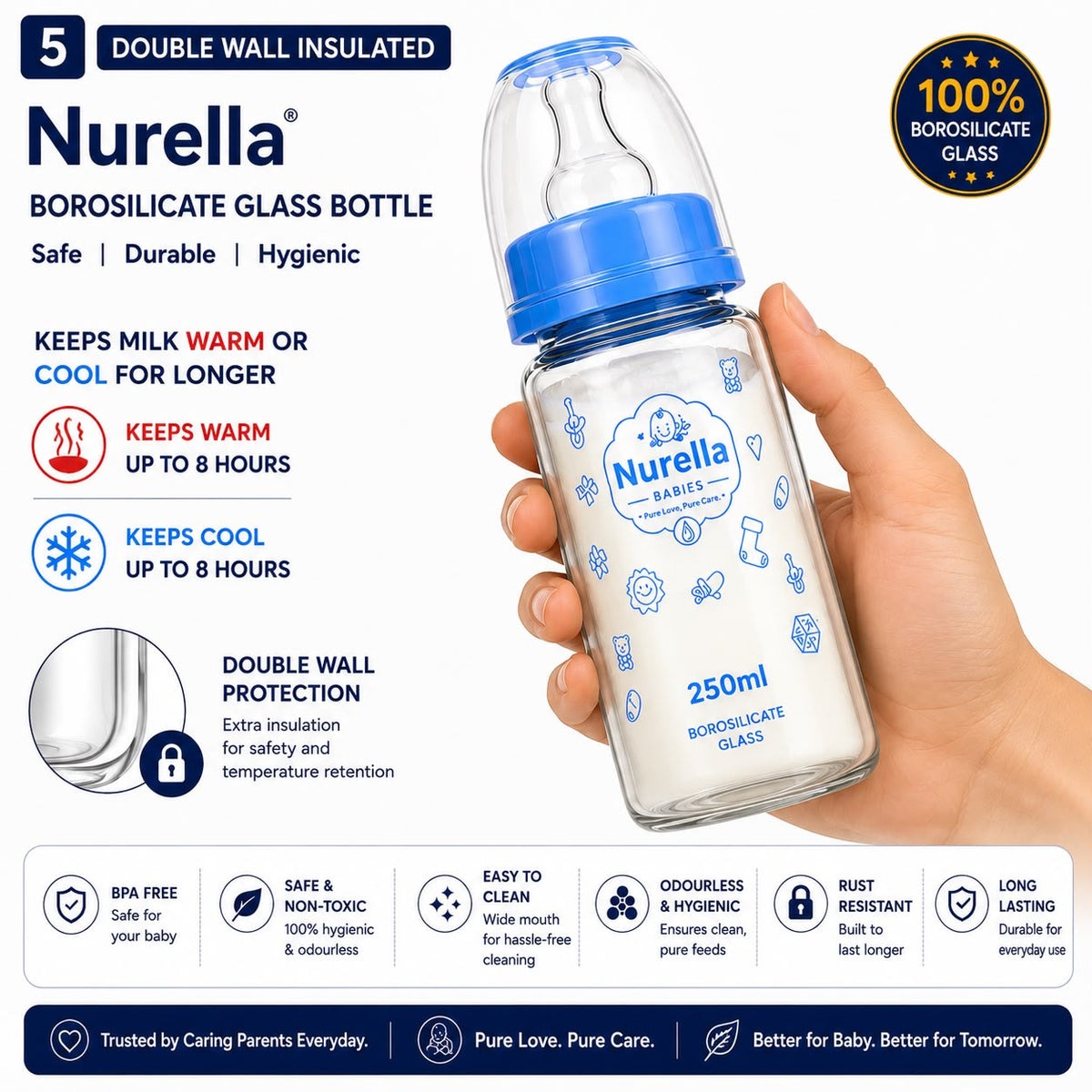 Nurella Borosilicate Glass Baby Feeding Bottle 250ml navy blue