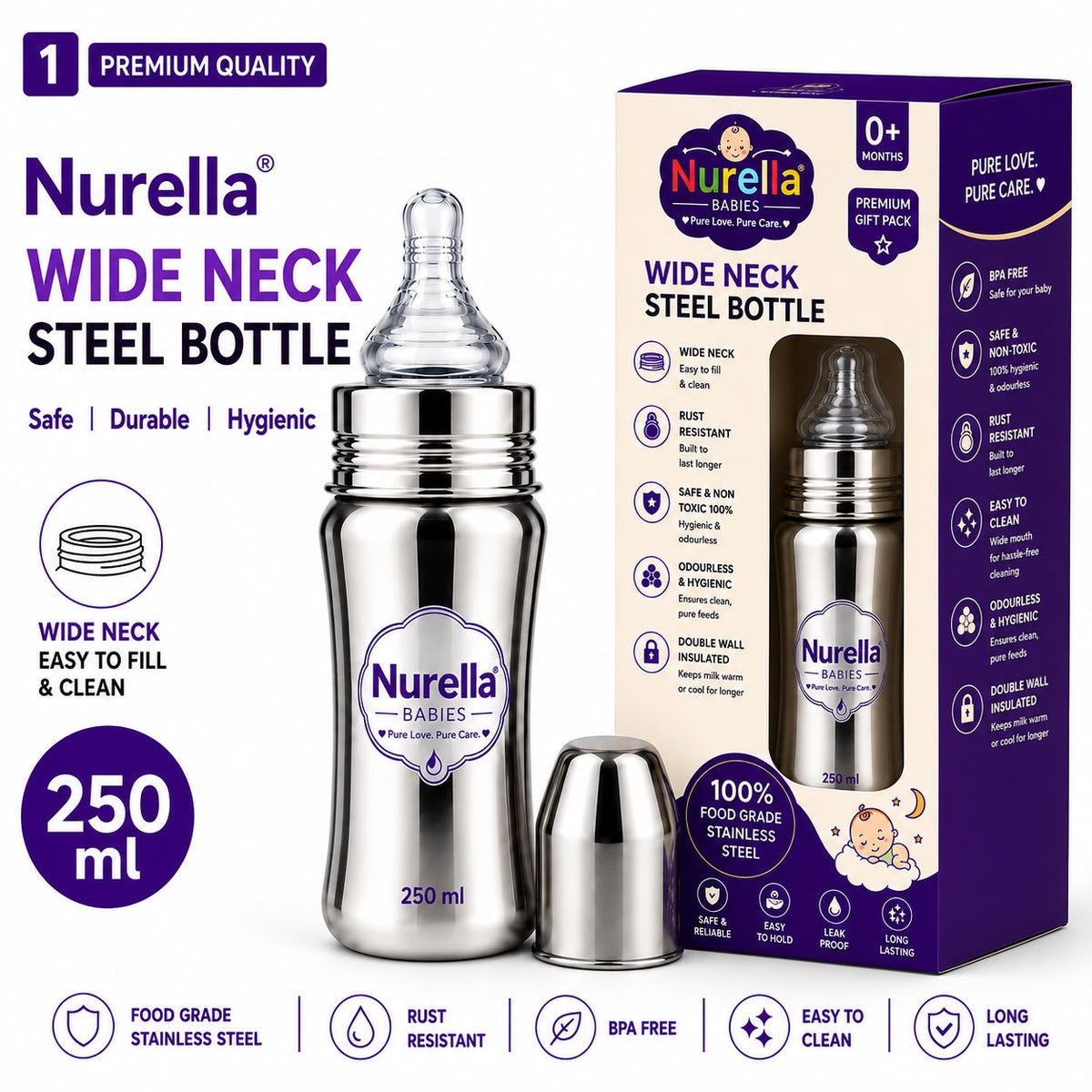 Nurella Wide Neck Stainless Steel Baby Feeding Bottle 250ML purple