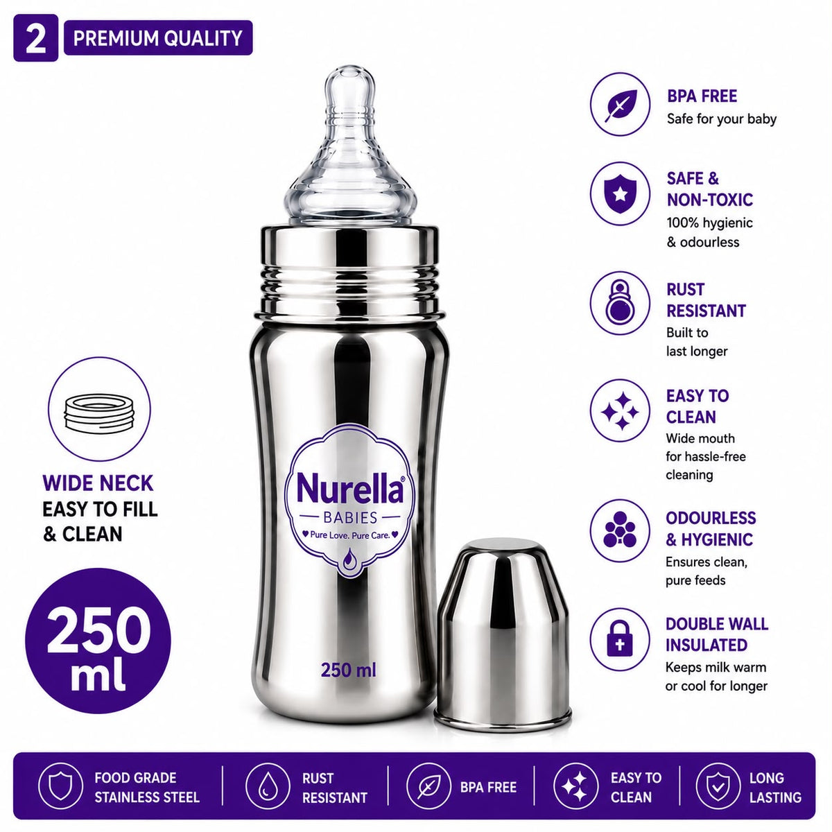 Nurella Wide Neck Stainless Steel Baby Feeding Bottle 250ML purple