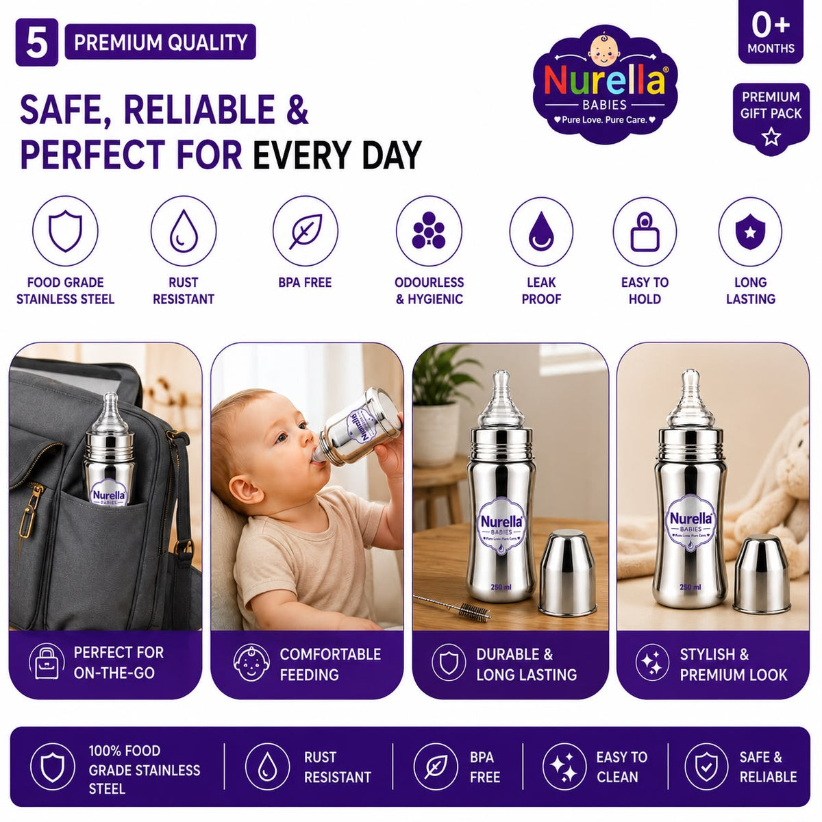 Nurella Wide Neck Stainless Steel Baby Feeding Bottle 250ML purple