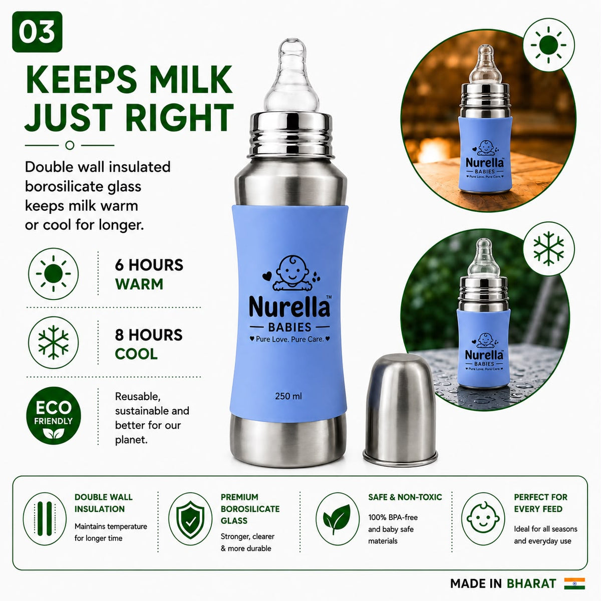 Nurella Babies Stainless Steel Silicon sleeve Feeding Bottle 250Ml silver