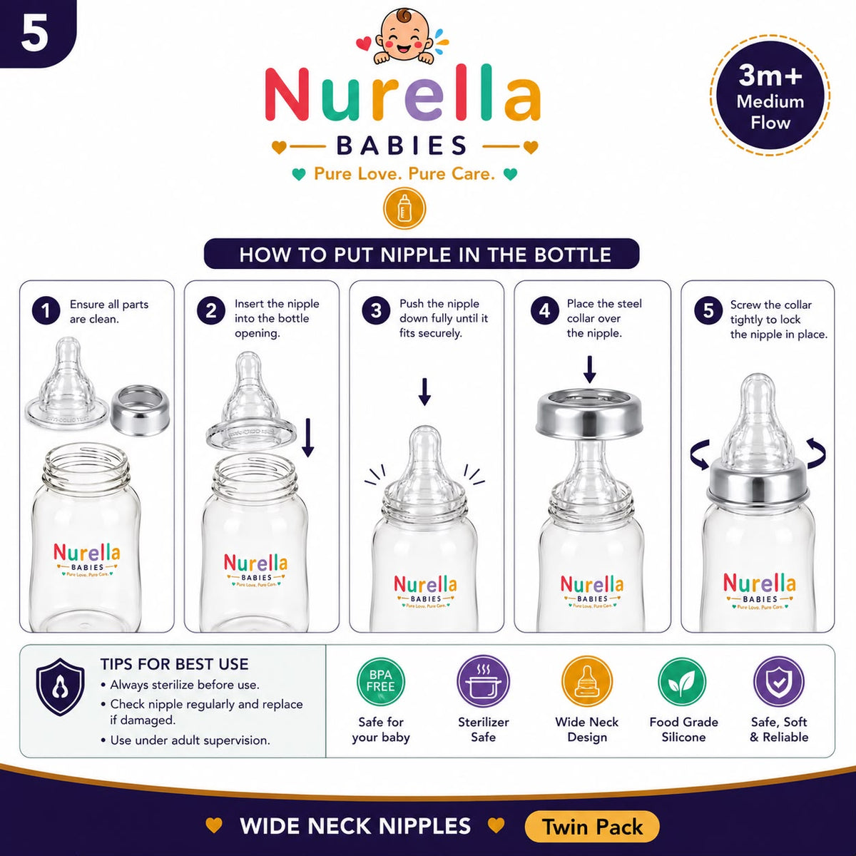Nurella Wide Neck Anti-Colic Silicone Nipples Twin Pack