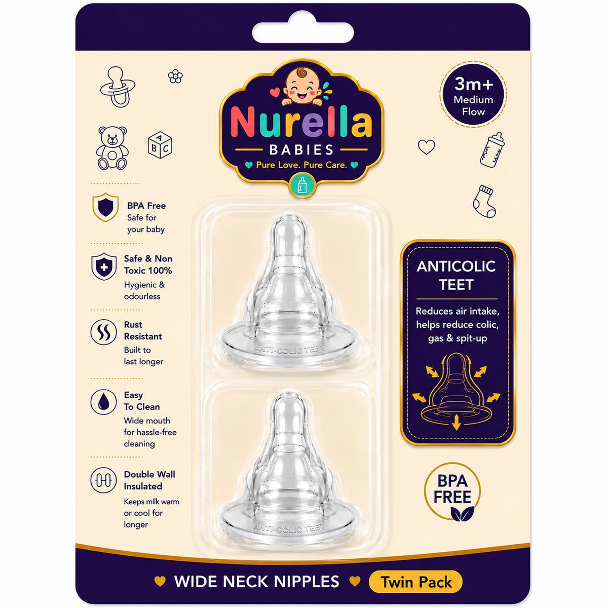 Nurella Wide Neck Anti-Colic Silicone Nipples Twin Pack