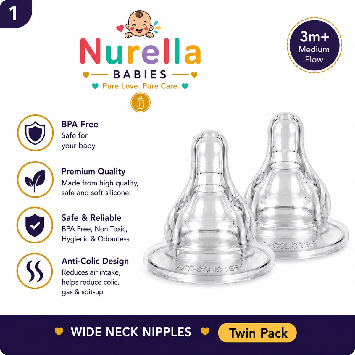 Nurella Wide Neck Anti-Colic Silicone Nipples Twin Pack
