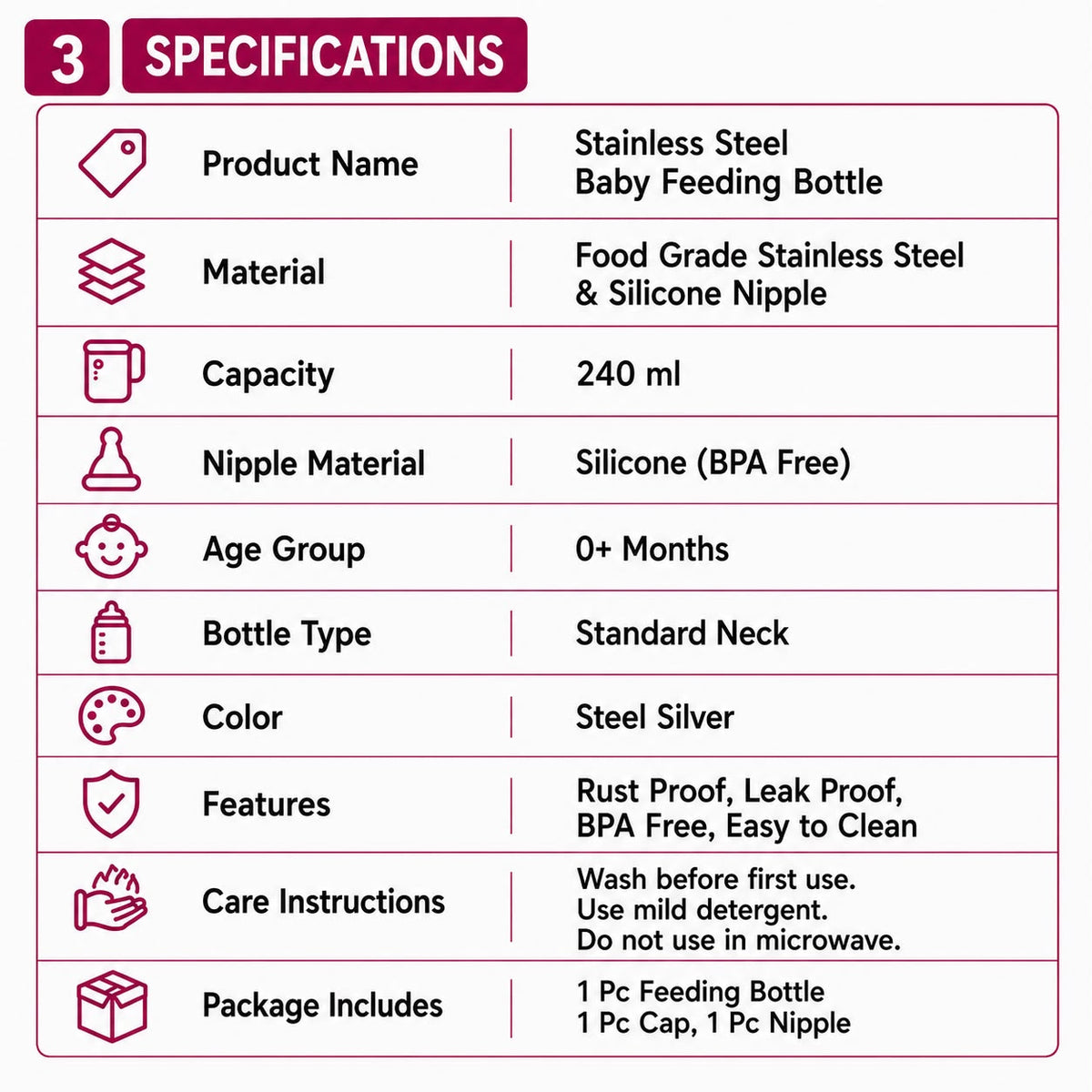 Nurella Stainless Steel Baby Feeding Bottle 240ml silver