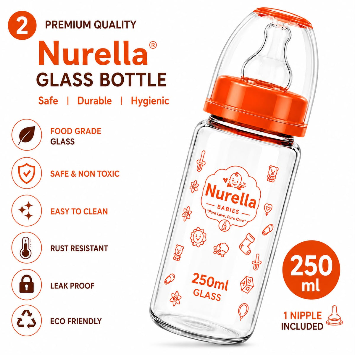 Nurella glass Baby Feeding Bottle 250 ml orange