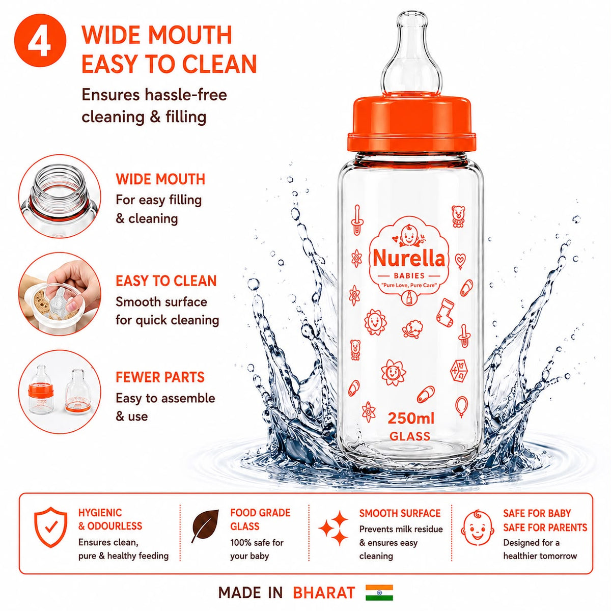 Nurella glass Baby Feeding Bottle 250 ml orange