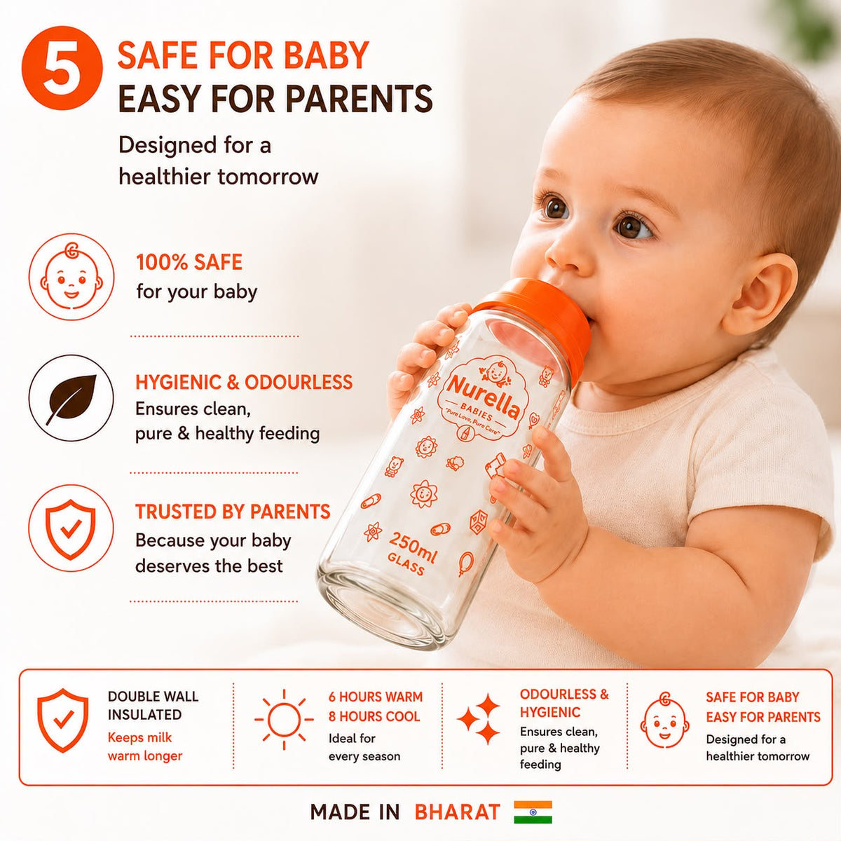 Nurella glass Baby Feeding Bottle 250 ml orange