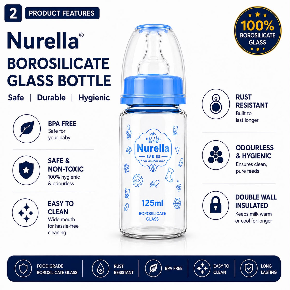 Nurella Borosilicate Glass Baby Feeding Bottle 125ml navy blue