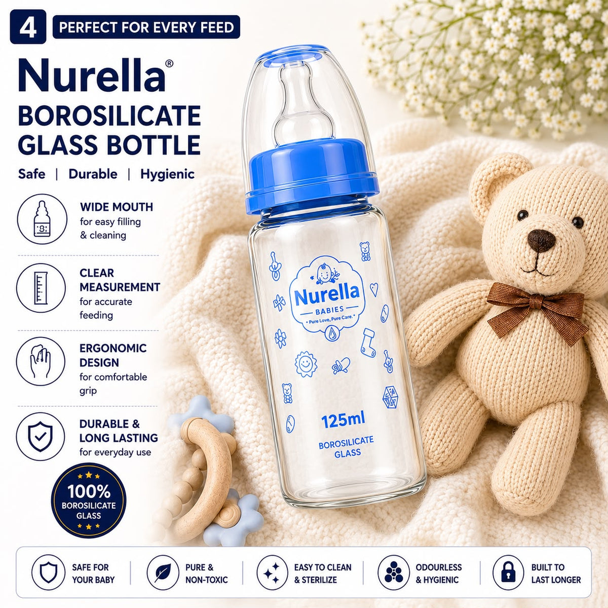 Nurella Borosilicate Glass Baby Feeding Bottle 125ml navy blue