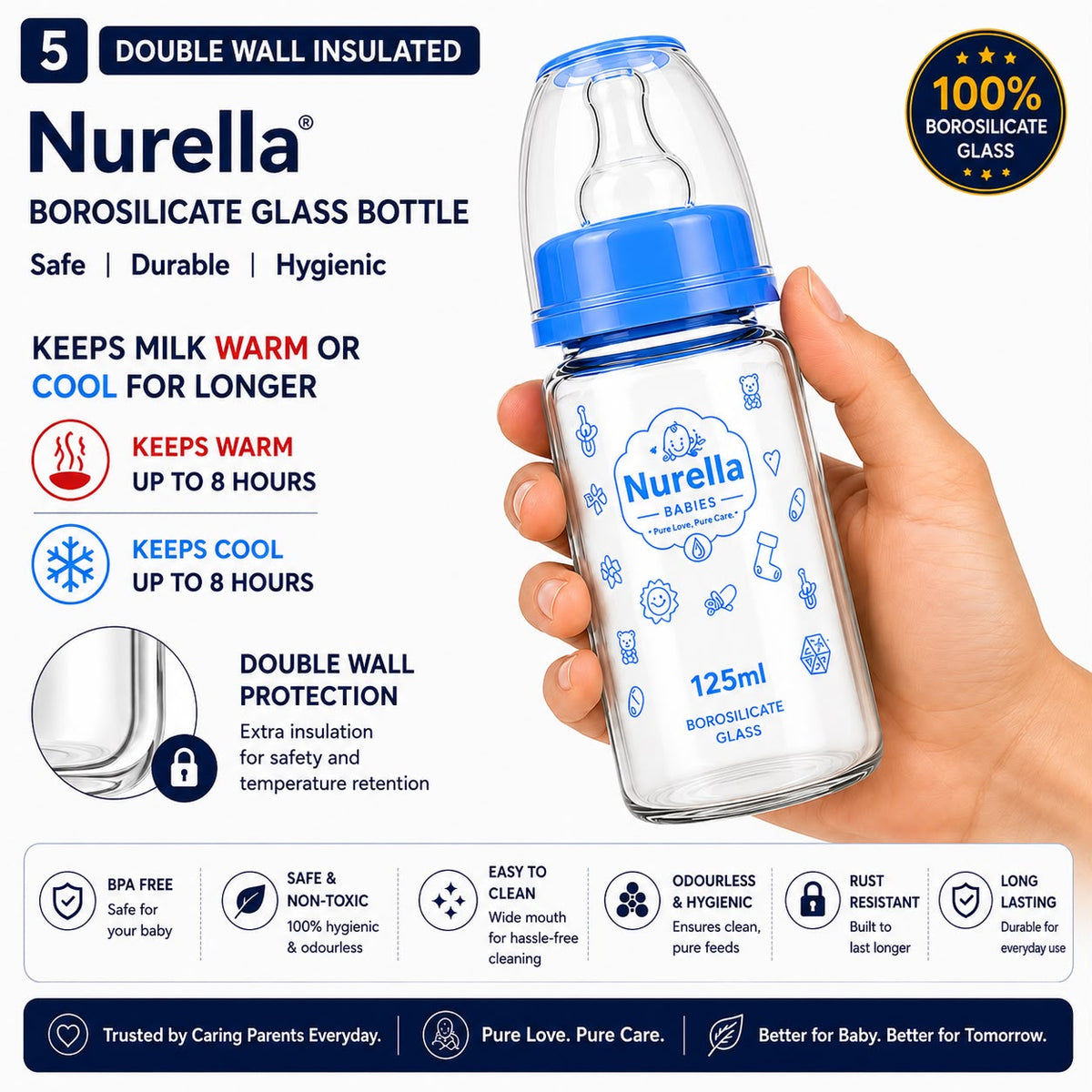 Nurella Borosilicate Glass Baby Feeding Bottle 125ml navy blue