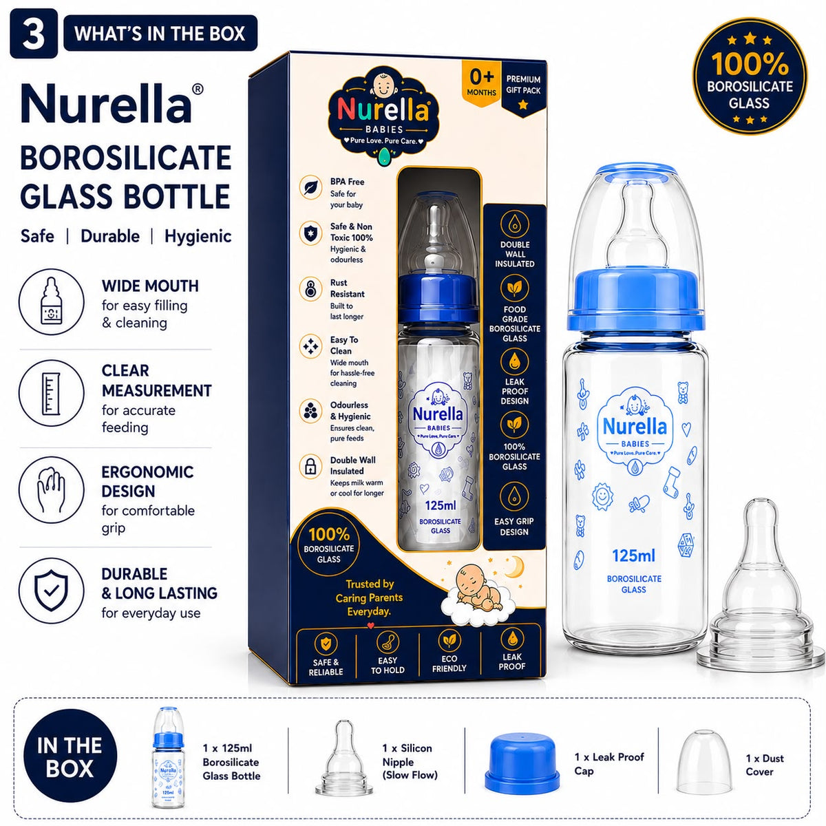 Nurella Borosilicate Glass Baby Feeding Bottle 125ml navy blue