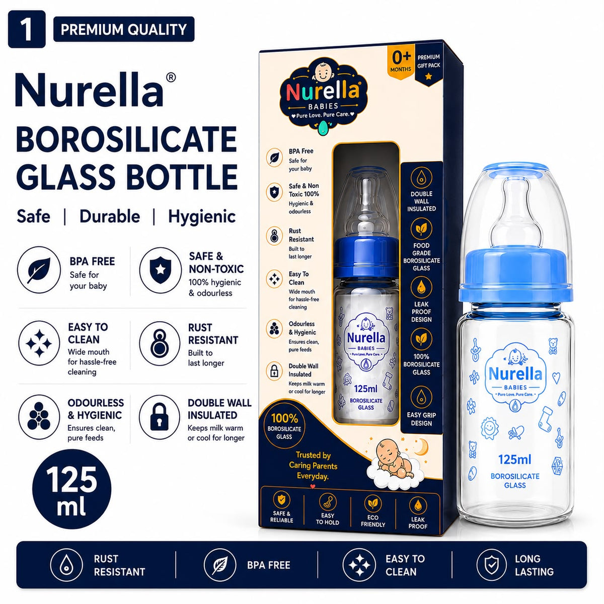 Nurella Borosilicate Glass Baby Feeding Bottle 125ml navy blue