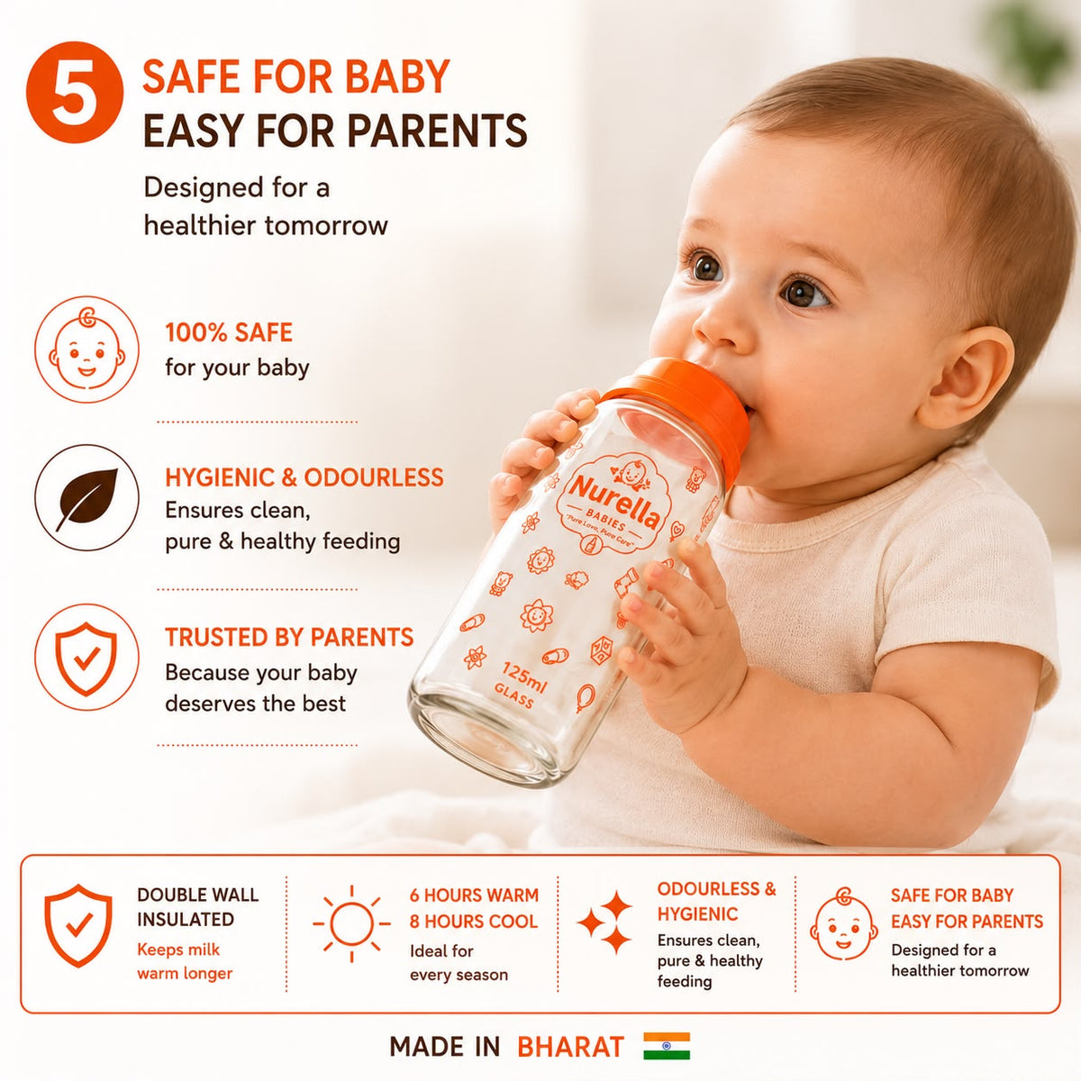Nurella Glass Baby Feeding Bottle 125Ml  Orange
