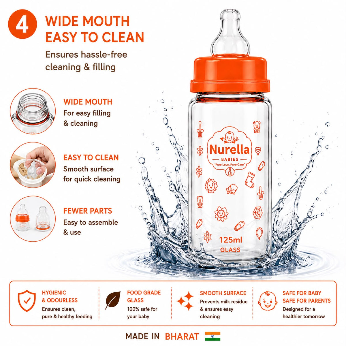 Nurella Glass Baby Feeding Bottle 125Ml  Orange