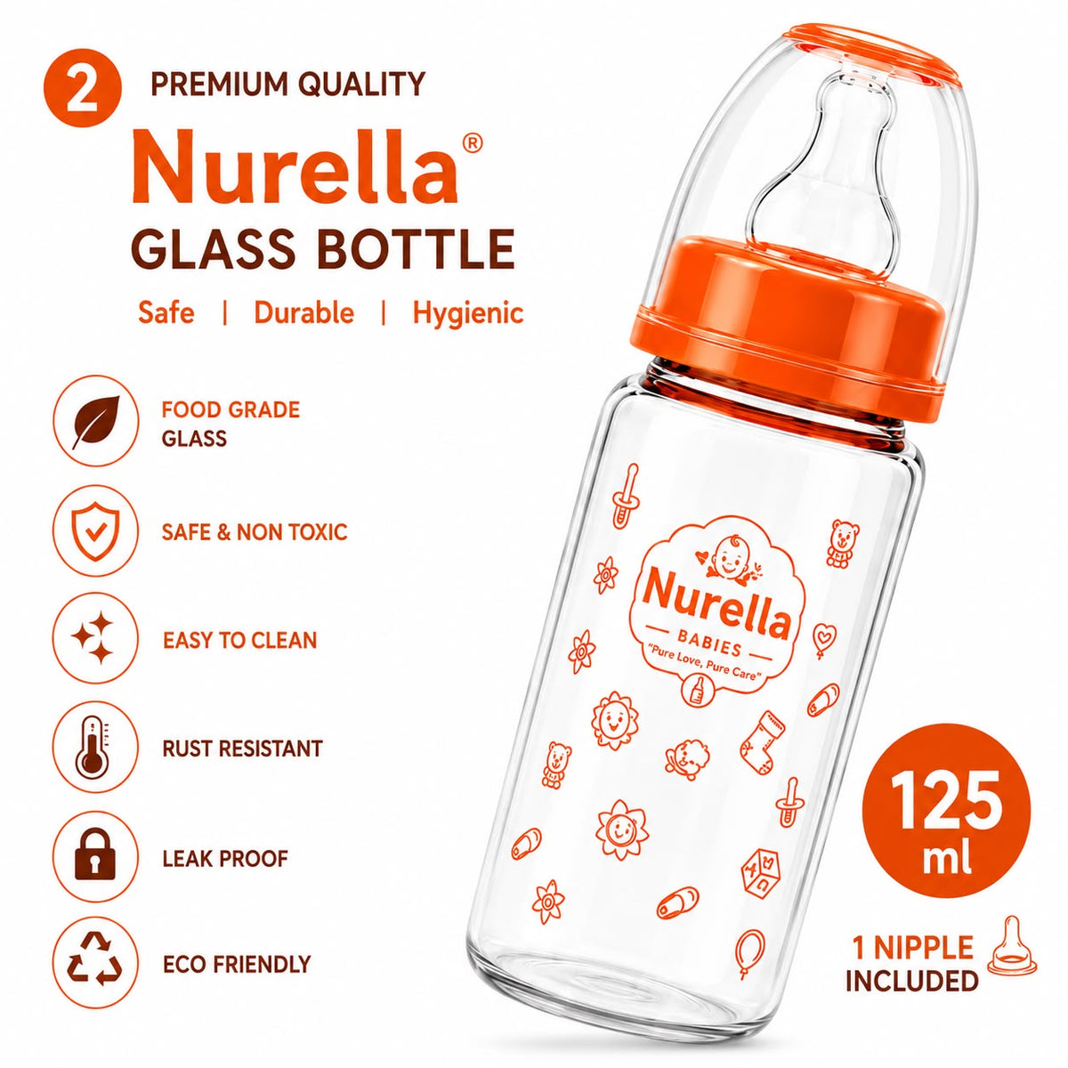 Nurella Glass Baby Feeding Bottle 125Ml  Orange