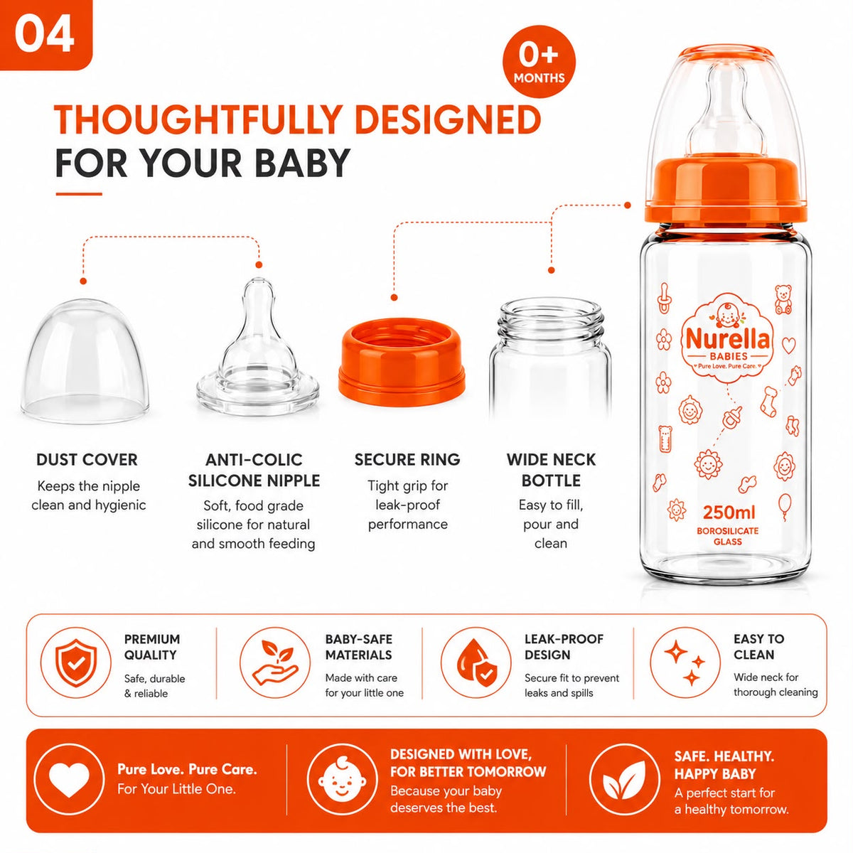 Nurella borosilicate glass Baby Feeding Bottle 250 ml orange